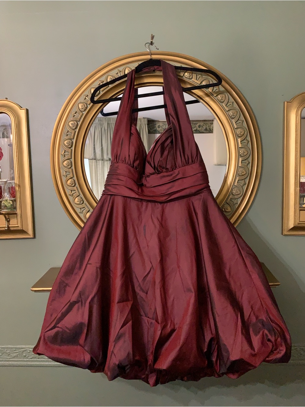 Betsy & Adam Wine Halter Bubble-Hem Prom Dress